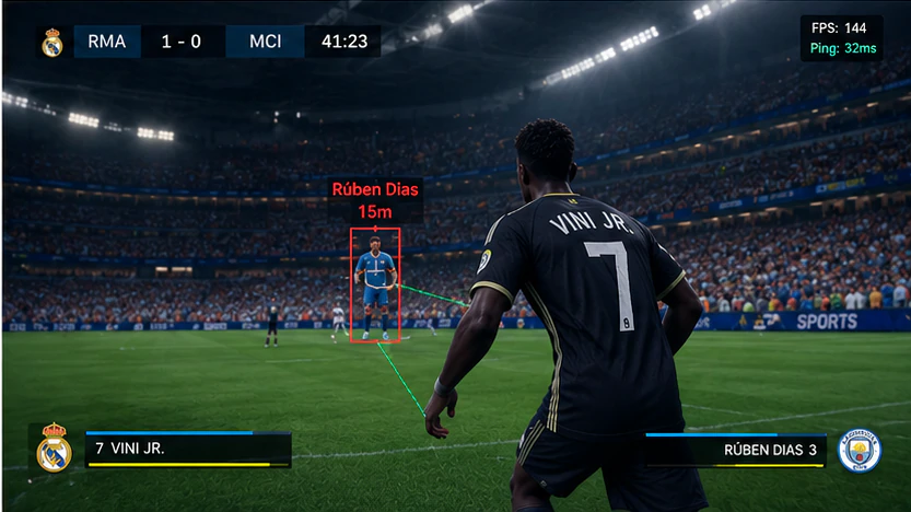 EA FC 27 defensive ESP locking onto Rúben Dias from Vini Jr. with FPS and ping overlay during Real Madrid vs Manchester City