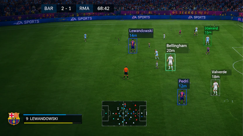 EA FC 27 player ESP during Barcelona vs Real Madrid with Lewandowski, Pedri, Bellingham and Valverde distance markers