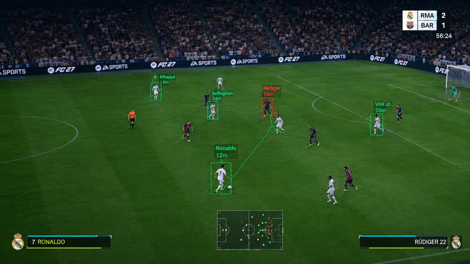 EA FC 27 Skin Changer menu previewing alternate home kits, badges and stadium themes on the local client