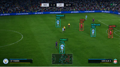 EA FC 27 kickoff ESP overlay for Manchester City vs Liverpool with multi-player boxes across the center circle