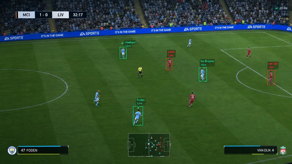 EA FC 27 squad ESP wallhack in Manchester City vs Liverpool marking Haaland, De Bruyne, Foden, Salah and van Dijk